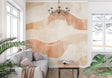 Abstract wave wallpaper in modern living room showing flowing terracotta patterns