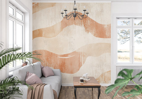 Abstract wave wallpaper in modern living room showing flowing terracotta patterns