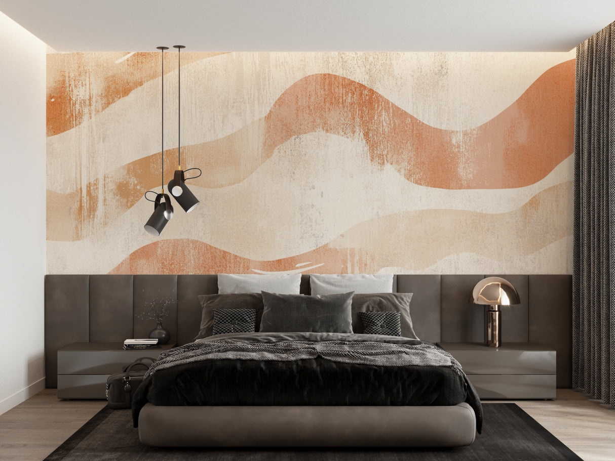 Terracotta wave mural creating movement in minimalist bedroom