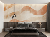 Terracotta wave mural creating movement in minimalist bedroom