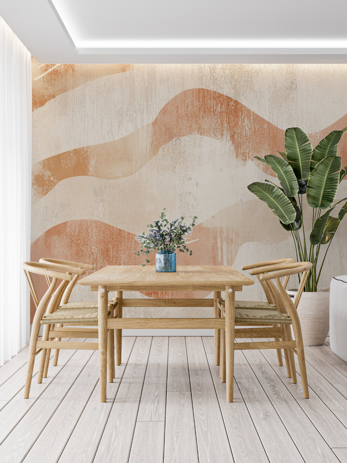 Contemporary dining room featuring abstract wave wallpaper in warm earth tones