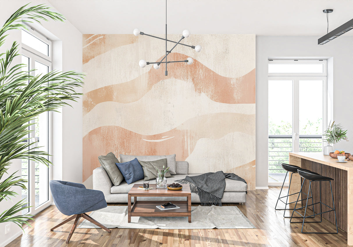 Home office with terracotta abstract wall mural showing flowing design