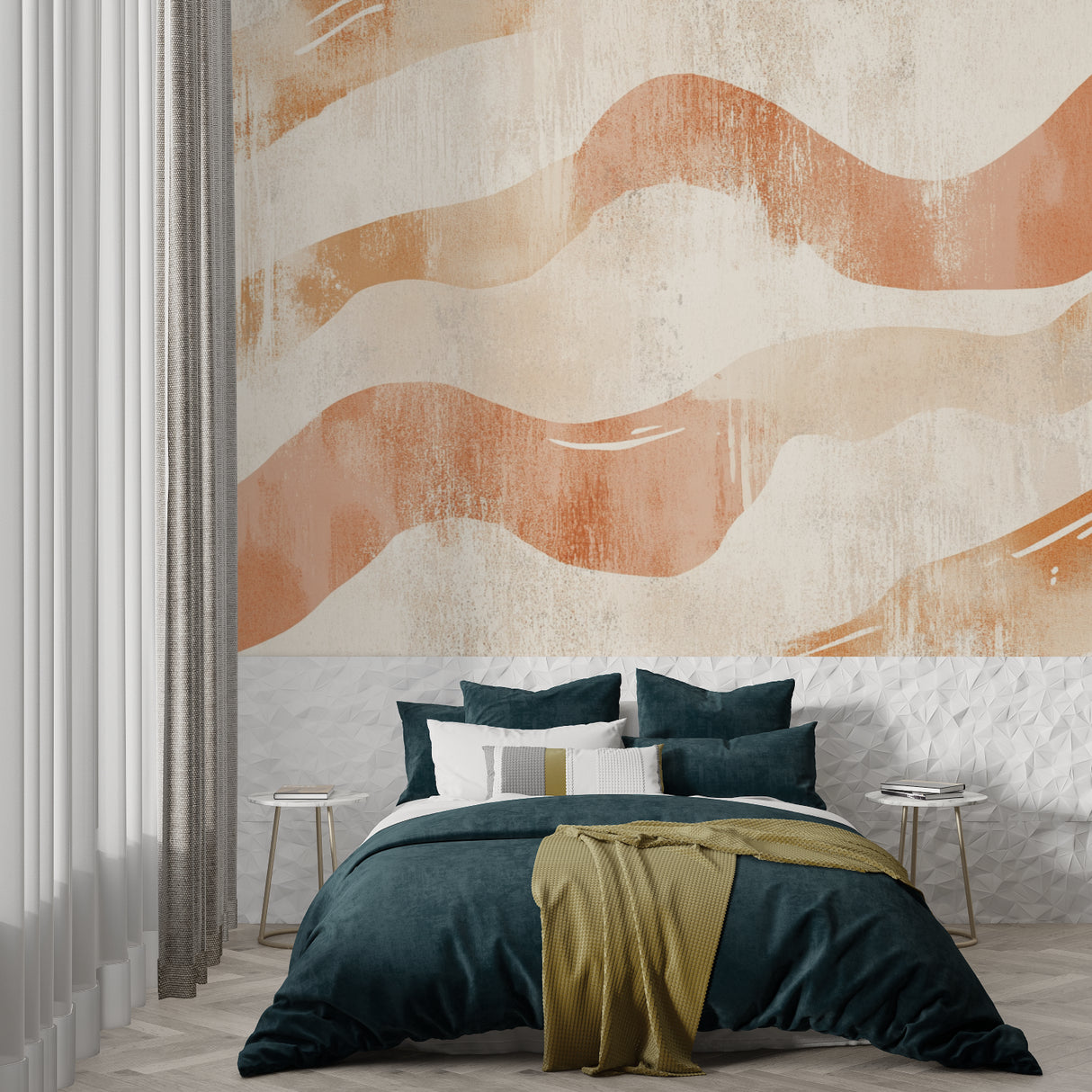Abstract wave feature wall in modern hallway with natural lighting