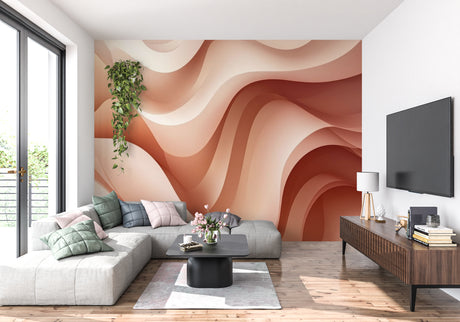Abstract wave wallpaper in modern living room showing flowing terracotta curves creating depth
