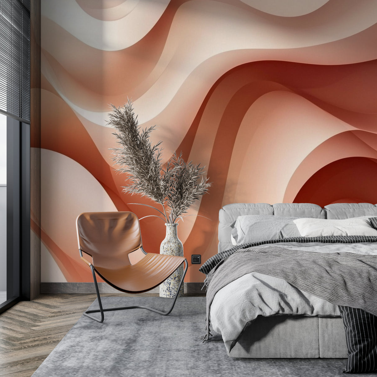 Modern dining room featuring abstract waves wallpaper in warm terracotta tones