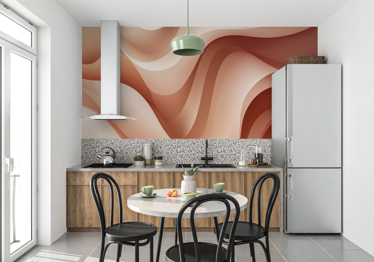 Abstract wave mural installation in home office showing scale and movement