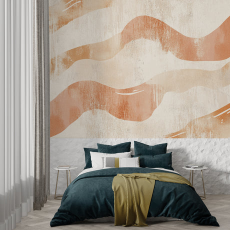 Abstract wave wallpaper in modern living room showing flowing terracotta patterns