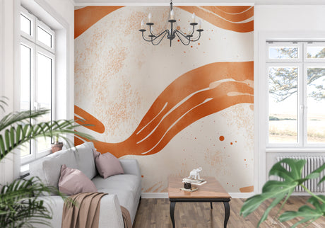 Terracotta wave wallpaper creating movement in a modern living room with natural light