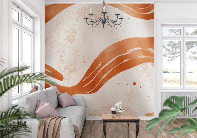 Terracotta wave wallpaper creating movement in a modern living room with natural light