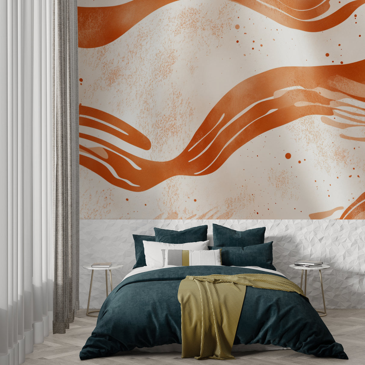 Abstract terracotta mural in a dining room with minimalist furniture