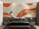 Warm terracotta abstract wallpaper in a home office setting