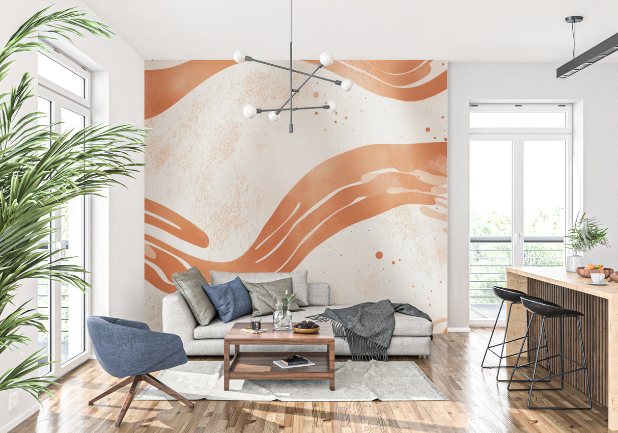 Wave pattern wallpaper adding depth to a bedroom wall
