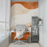 Abstract wave wallpaper in modern living room showing terracotta tones against white furniture