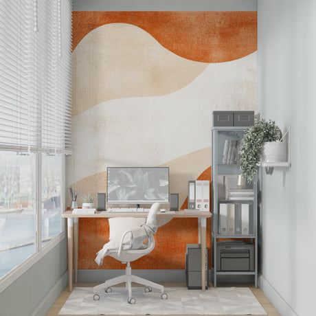 Abstract wave wallpaper in modern living room showing terracotta tones against white furniture