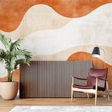 Terracotta wave mural creating depth in minimalist bedroom setting