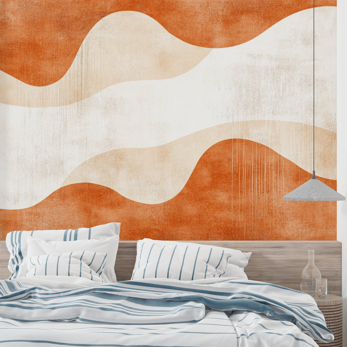 Abstract wave pattern enhancing dining room with warm terracotta colors