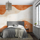 Modern office space featuring flowing terracotta wave wallpaper design
