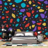 Modern Abstract Terrazzo Wallpaper bringing life to a minimalist living room with white furniture and natural light