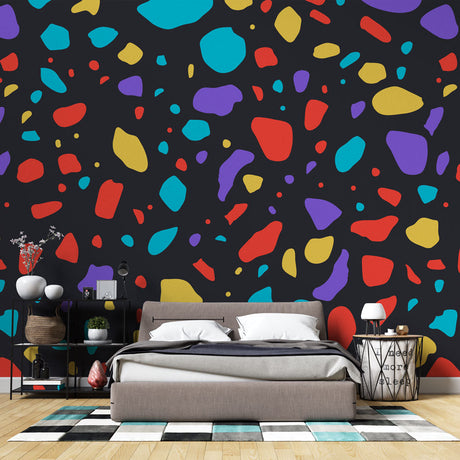 Modern Abstract Terrazzo Wallpaper bringing life to a minimalist living room with white furniture and natural light