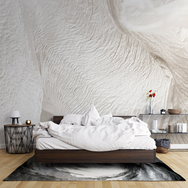 Dining room with modern wave pattern wallpaper creating elegant ambient lighting effects