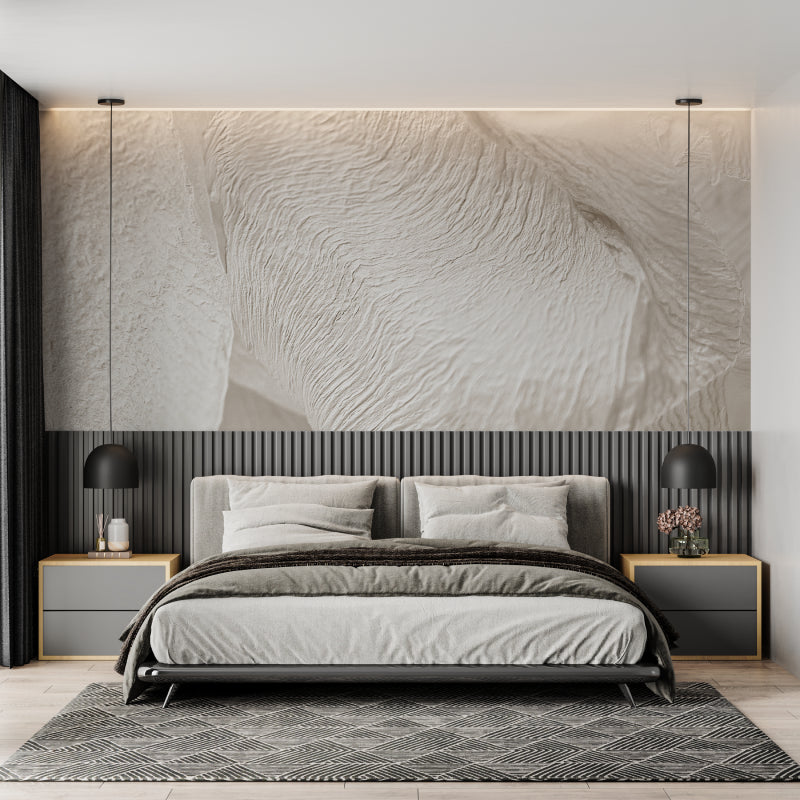 Entryway featuring abstract beige wave mural showing scale and movement