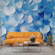 Abstract blue petal wallpaper creating a calm atmosphere in a modern living room with natural light