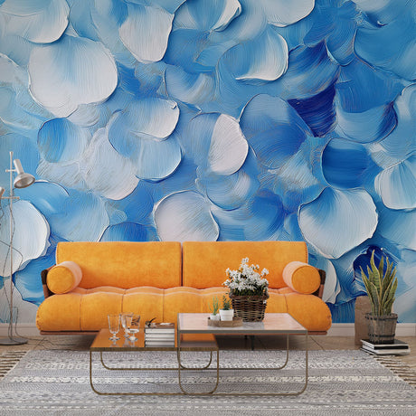 Abstract blue petal wallpaper creating a calm atmosphere in a modern living room with natural light