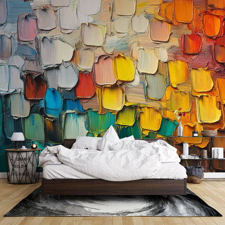 Abstract paint texture wallpaper creating a stunning focal point in a modern living room with white furniture