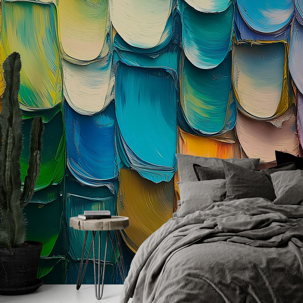 Abstract paint scales wallpaper mural shown in bright modern living room with natural light highlighting the textured design