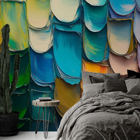 Abstract paint scales wallpaper mural shown in bright modern living room with natural light highlighting the textured design