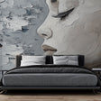 Modern Abstract Portrait Wallpaper creating a stunning focal point in a minimalist living room with high ceilings