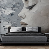 Modern Abstract Portrait Wallpaper creating a stunning focal point in a minimalist living room with high ceilings