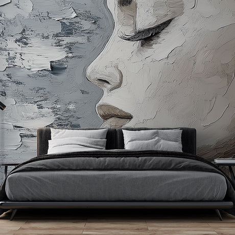 Modern Abstract Portrait Wallpaper creating a stunning focal point in a minimalist living room with high ceilings