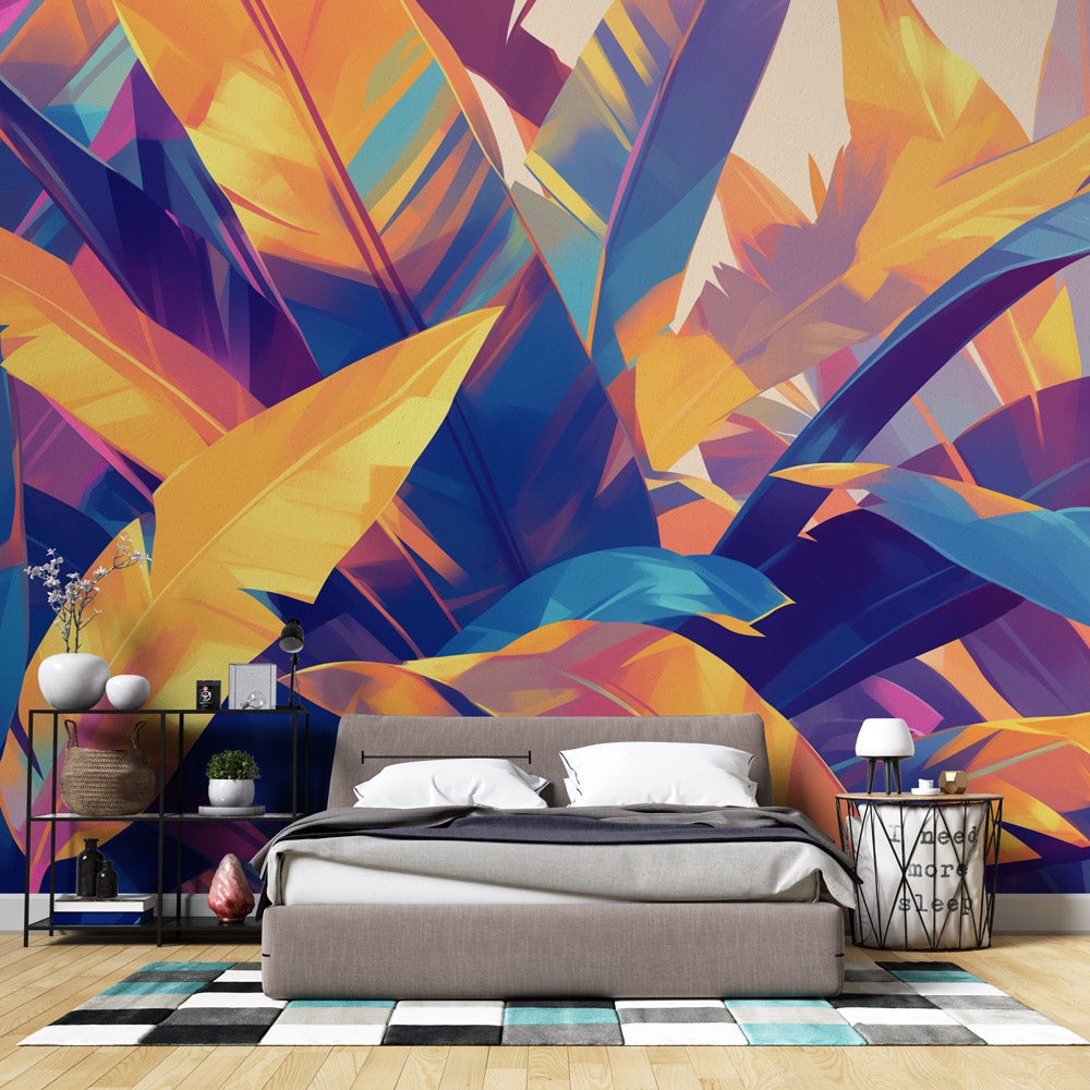 Modern living room with bold geometric tropical leaf wallpaper creating a stunning accent wall