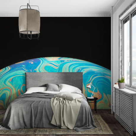 Abstract marble wallpaper with turquoise waves creates drama in modern living room
