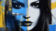 Modern abstract portrait wallpaper creating a stunning focal point in a minimalist living room with blue and yellow accents