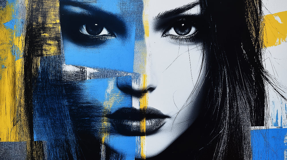 Modern abstract portrait wallpaper creating a stunning focal point in a minimalist living room with blue and yellow accents