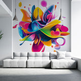Modern abstract wallpaper creating a stunning focal point in a bright, contemporary living room with minimalist furniture