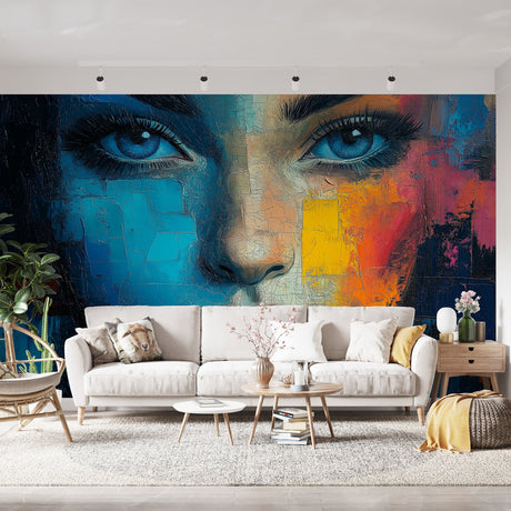 Abstract portrait wallpaper creating dramatic impact in modern living room, blue and orange tones complement contemporary furniture