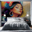 Abstract portrait mural wallpaper creating a stunning focal point in a modern living room with white furniture