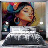Abstract portrait mural wallpaper creating a stunning focal point in a modern living room with white furniture