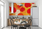 Abstract circle wallpaper creating a warm ambiance in modern living room with minimal furniture