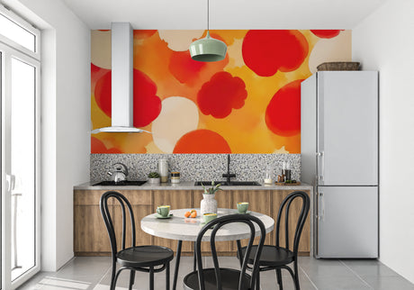 Abstract circle wallpaper creating a warm ambiance in modern living room with minimal furniture