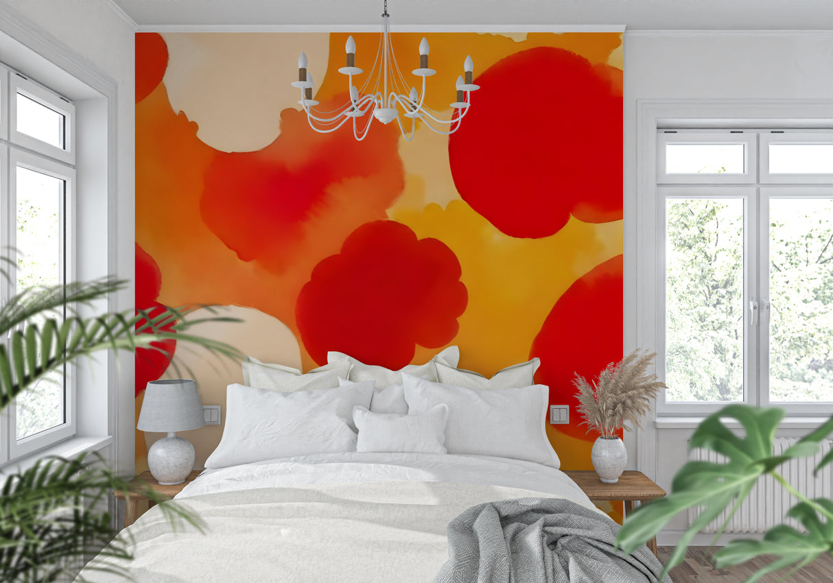Modern circle wall mural adding energy to a minimalist home office setting