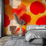 Abstract wallpaper with warm circles making statement in master bedroom