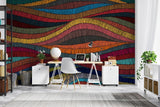 Modern abstract wall design in minimalist hallway showing full pattern flow