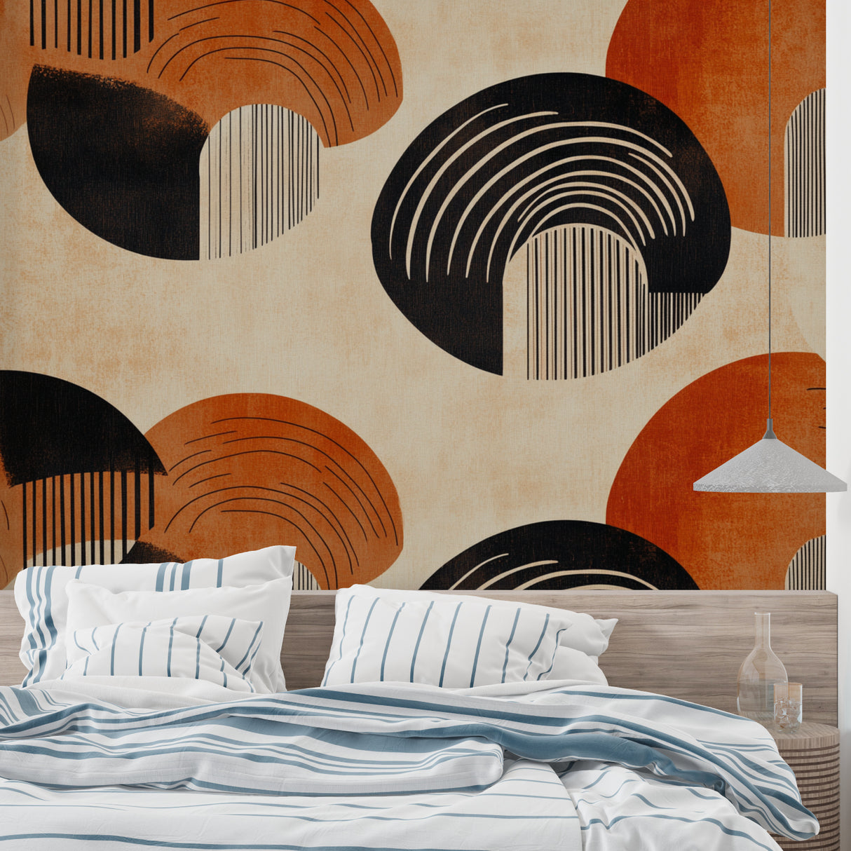 Curved abstract wall mural in minimalist dining room with wooden furniture