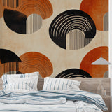 Curved abstract wall mural in minimalist dining room with wooden furniture