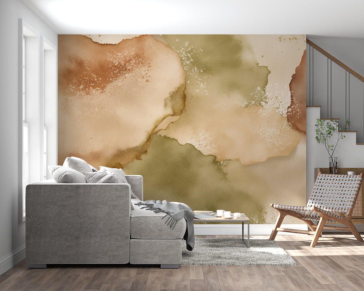 Modern bedroom featuring abstract beige and olive watercolor wallpaper with natural lighting