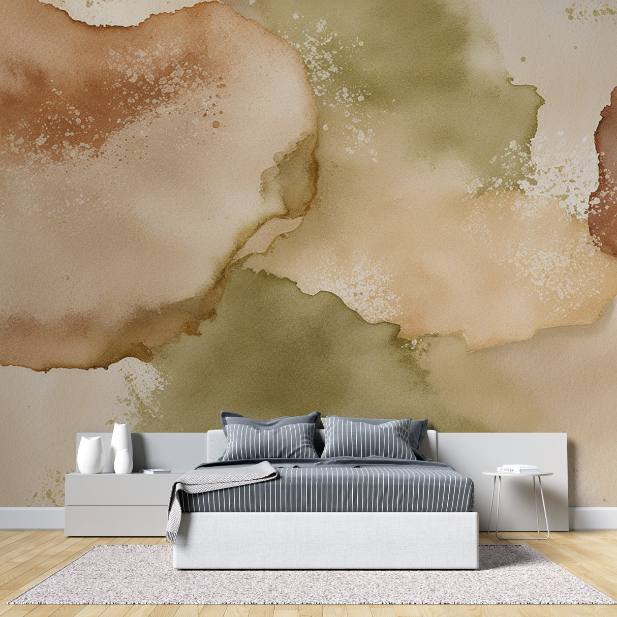 Home office space with abstract watercolor wall mural creating a peaceful workspace